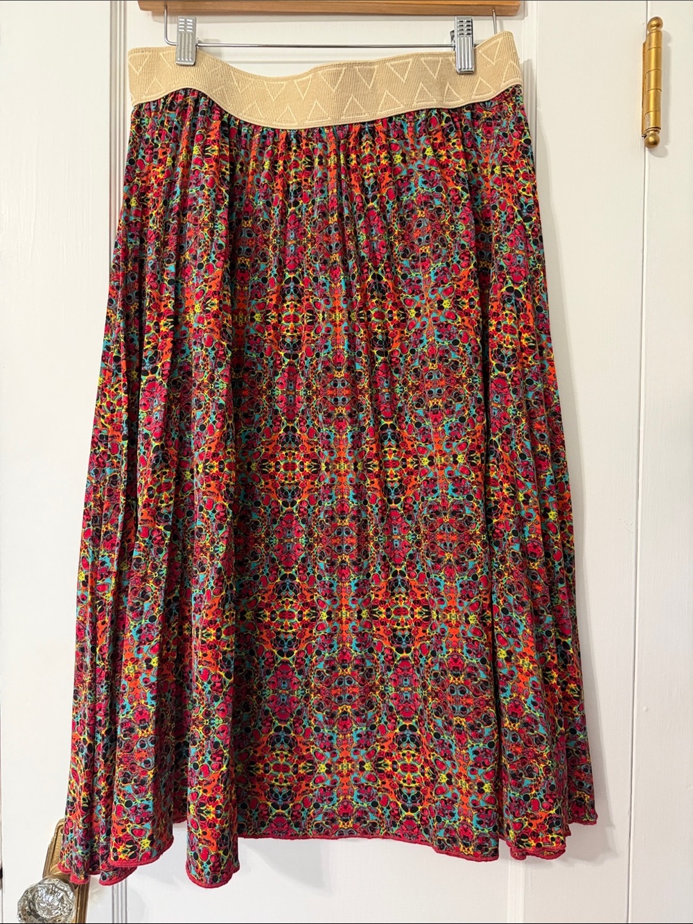 LuLaRoe Red Multicolor Floral Mosaic Maxi Skirt with Cream Waistband